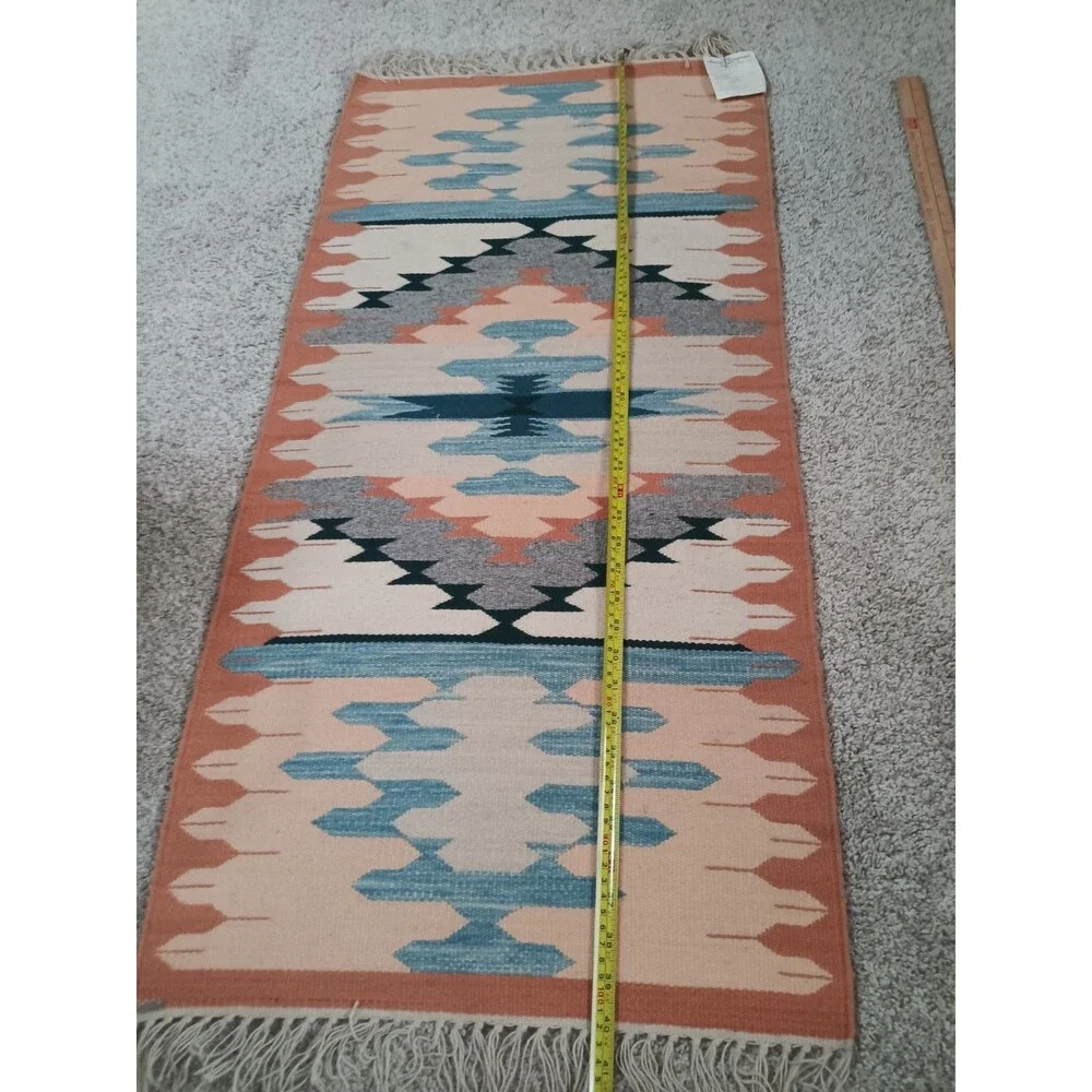 Vintage Saltillo Style Flatweave Rug 20x40 Natural Dyes EUC Aztec SW Tribal